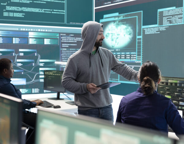 Governmental hackers analyzing data for cyber threat detection, looking at a big screen in high tech office. Highlight cyber intelligence, online security and prevention of digital threats.