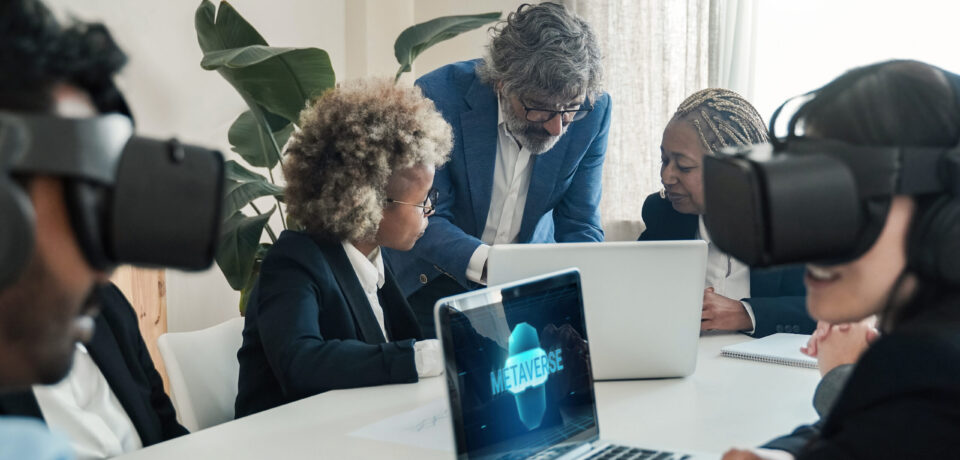 Multiracial business people using virtual reality goggles work inside metaverse cyberspace - VR lifestyle technology concept - Focus on senior man face