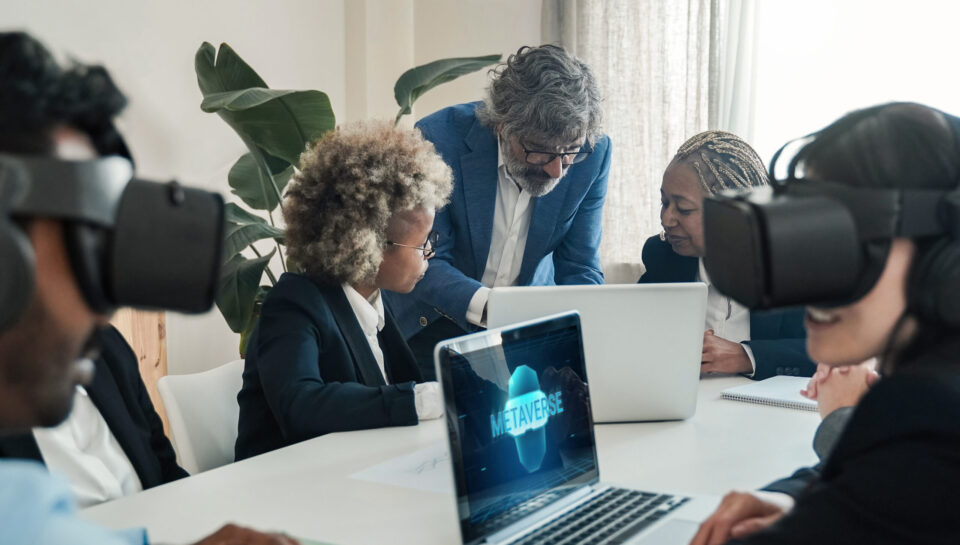 Multiracial business people using virtual reality goggles work inside metaverse cyberspace - VR lifestyle technology concept - Focus on senior man face Multiracial business people using virtual reality goggles work inside metaverse cyberspace - VR lifestyle technology concept - Focus on senior man face