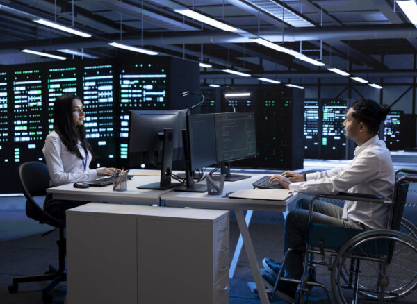 Person with paraplegia and colleague working in inclusive server hub workspace, typing on PC. Man in wheelchair and coworker doing tasks in data center housing advanced data storage infrastructure