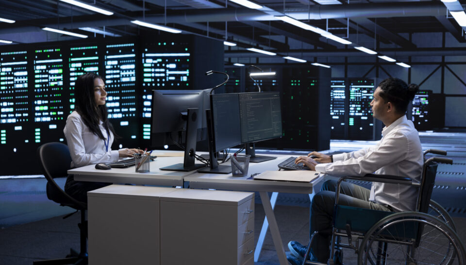 Man in wheelchair and coworker doing tasks in data center Person with paraplegia and colleague working in inclusive server hub workspace, typing on PC. Man in wheelchair and coworker doing tasks in data center housing advanced data storage infrastructure