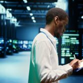 Worker taking note of supercomputers performing data backups and providing centralized storage. Mechanic offering technical support in Uninterruptible Power Supply ensuring operational continuity