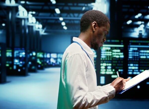 Worker taking note of supercomputers performing data backups and providing centralized storage. Mechanic offering technical support in Uninterruptible Power Supply ensuring operational continuity